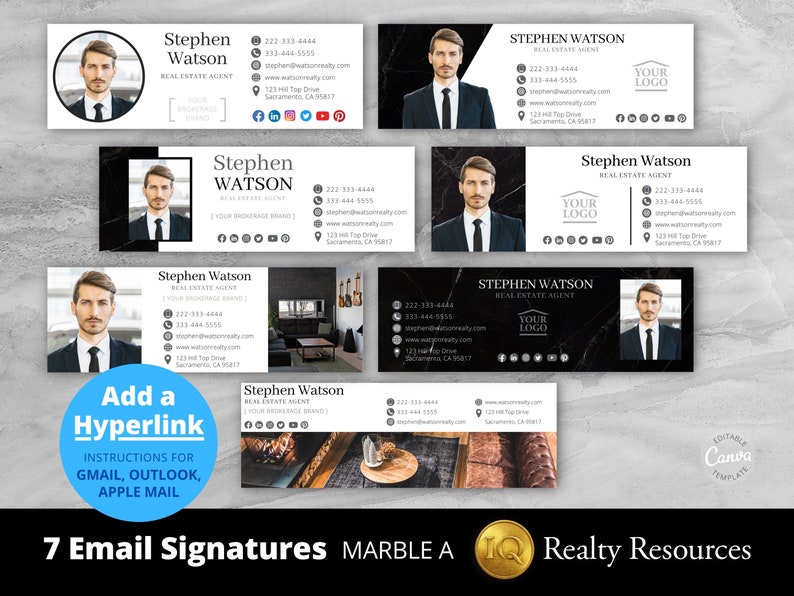 May include: Seven black and white email signature templates with a marble background. Each template features a headshot of a person, contact information, and a place for a logo. The text on the templates reads "Stephen Watson, Real Estate Agent".