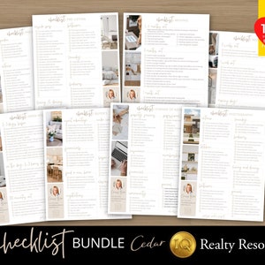 May include: A set of six printable checklists for real estate agents. The checklists are titled "Pre-Listing", "Open House", "Buyer's Offer", "Change of Address", "Photography", and "Moving Day". The checklists are designed in a minimalist style with a beige background and black text. The checklists are designed to help real estate agents stay organized and on top of their tasks.