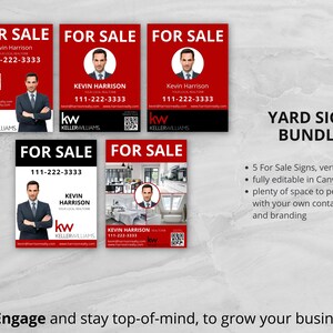 May include: Five red and white vertical yard signs with the text "For Sale" and a realtor's contact information. The signs are fully editable in Canva and feature a Keller Williams logo.