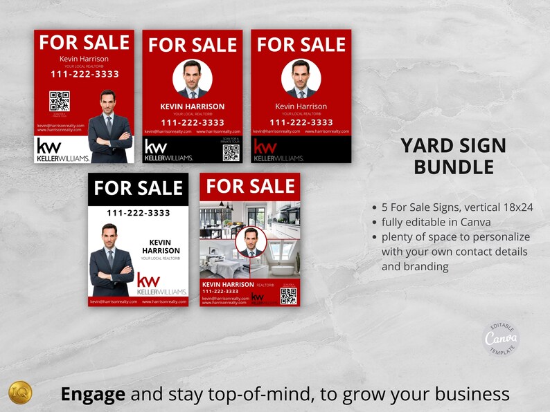 May include: Five red and white vertical yard signs with the text "For Sale" and a realtor's contact information. The signs are fully editable in Canva and feature a Keller Williams logo.