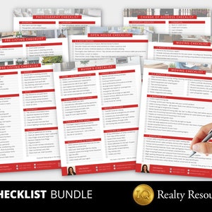 Real Estate 6 Checklist Bundle, Red, Buyers, Pre-Listing, Photography, Open House, Moving, Change of Address, Editable Template, Canva