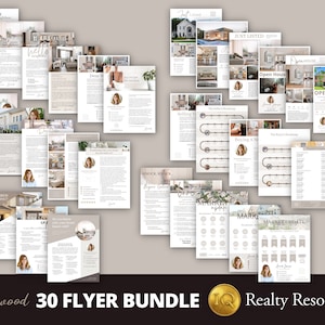 Puede incluir: Un conjunto de folletos inmobiliarios con varios diseños y diseños. Los folletos presentan imágenes de casas, texto y las palabras "Just Listed", "Open House" y "Market Update". El paquete está etiquetado como "Birchwood 30 Flyer Bundle" y "Realty Resources."