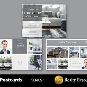 Cartões postais imobiliários, 3 designs de um lado, cartões postais agrícolas, modelos editáveis, Canva, marketing imobiliário, branding, download instantâneo