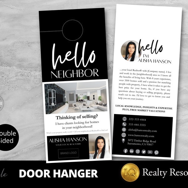 Vastgoed deur hanger sjabloon, deur hanger tag, onroerend goed marketing, hallo buurman, makelaar, koper verkoper aanbieding flyer, Canva sjabloon