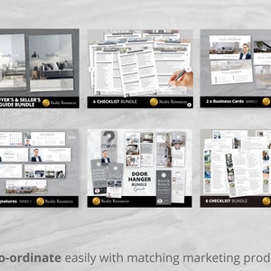 K&ouml;nnte beinhalten: Eine Sammlung von Marketingmaterialien f&uuml;r Immobilienprofis. Enth&auml;lt Visitenkarten, E-Mail-Signaturen, Checklisten und T&uuml;ranh&auml;nger. Die Materialien haben ein klares, modernes Design mit dem Text "Buyer's & Seller's Guide Bundle" und "Realty Resources".