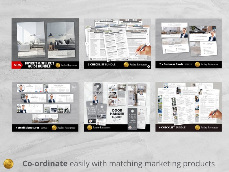 K&ouml;nnte beinhalten: Eine Sammlung von Marketingmaterialien f&uuml;r Immobilienprofis. Enth&auml;lt Visitenkarten, E-Mail-Signaturen, Checklisten und T&uuml;ranh&auml;nger. Die Materialien haben ein klares, modernes Design mit dem Text "Buyer's & Seller's Guide Bundle" und "Realty Resources".