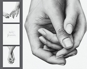 Wall Art Prints Set of 3 Holding Hands, Realty Gift, Bedroom Wall Decor, Love Wall Art, 8x10inch Wall Art Over Bed, Line Art, Couples Art