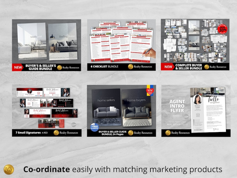 May include: A collection of real estate marketing materials, including a buyer's and seller's guide, checklists, email signatures, and an agent intro flyer. The materials feature a modern design with a red and black color scheme.