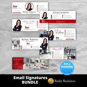 May include: A bundle of email signature templates featuring the name "Kelsey Watson" and the Keller Williams logo. The designs include a headshot, contact information, and various layouts with red and white accents. The text "Email Signatures BUNDLE" is at the bottom.