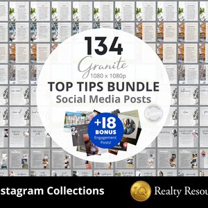 May include: A collection of 134 social media post templates for real estate agents. The templates are designed in a gray and white color scheme with a granite theme. The text on the templates includes tips for real estate agents. The templates are editable in Canva. The collection includes 5 Instagram collections and 18 bonus engagement posts.