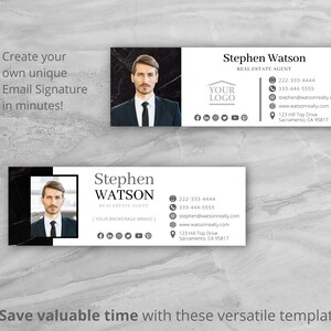 May include: Black and white email signature template with a marble background. The template includes a headshot, contact information, and social media icons. The text reads "Stephen Watson, Real Estate Agent".