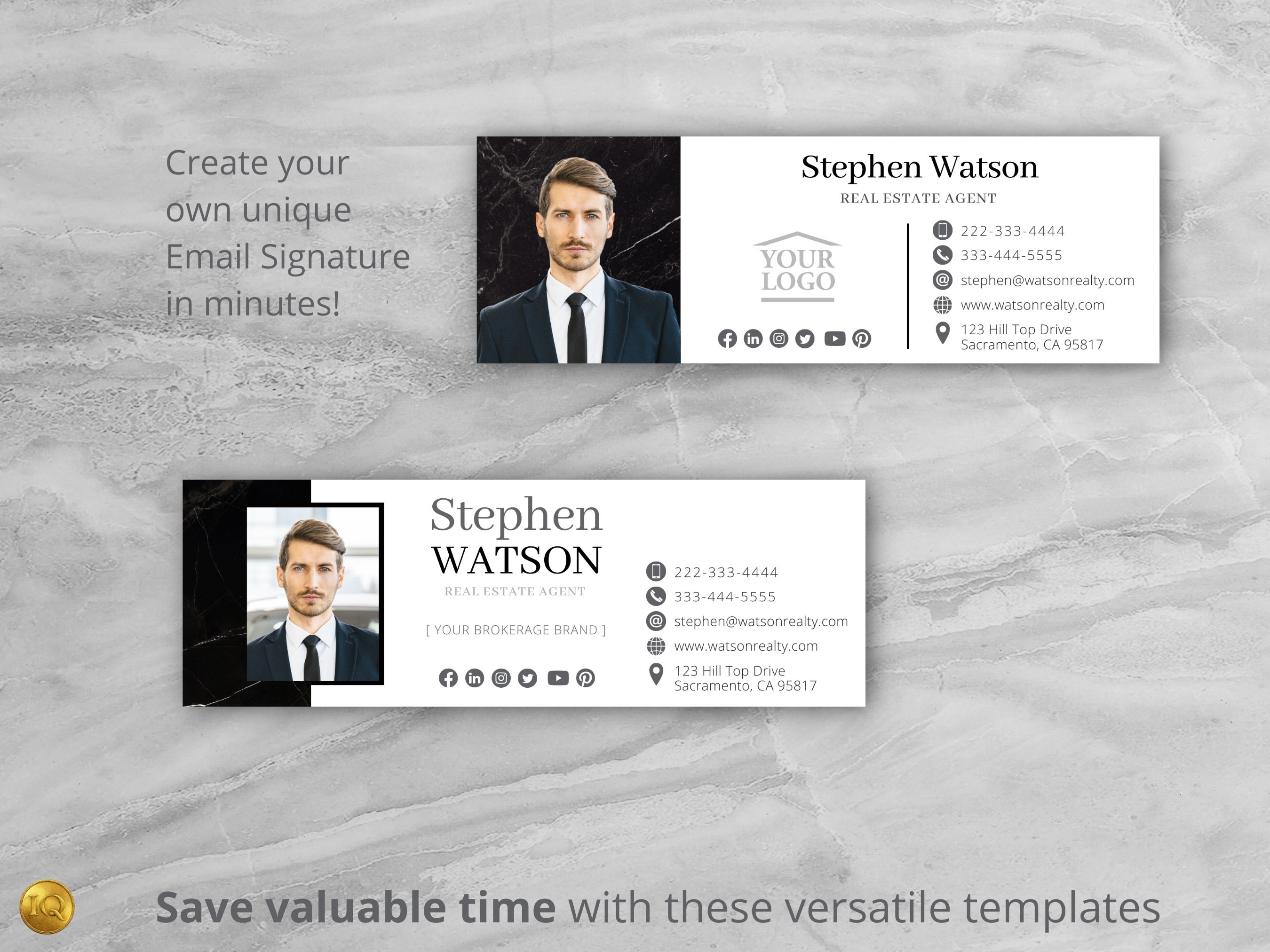 May include: Black and white email signature template with a marble background. The template includes a headshot, contact information, and social media icons. The text reads "Stephen Watson, Real Estate Agent".