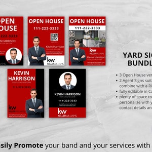 May include: A set of five red and black real estate yard signs with a photo of a man in a suit and the text "Open House" and "Kevin Harrison, Your Local Realtor". The signs are fully editable in Canva and include space to personalize with your own contact details and branding.
