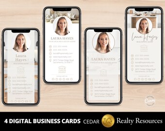 Puede incluir: Cuatro tarjetas de visita digitales con un fondo de madera marrón claro. Cada tarjeta presenta una foto de una mujer, el texto "Laura Hayes" y la información de contacto, incluidos los números de teléfono, la dirección de correo electrónico, la dirección del sitio web y la dirección física. Las tarjetas también incluyen el texto "Su agente inmobiliario local" y un marcador de posición para un logotipo.