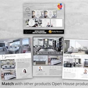 K&ouml;nnte beinhalten: Eine Sammlung von Postkarten f&uuml;r Tag der offenen T&uuml;r mit verschiedenen Innenraumdesign-Bildern. Die Postkarten zeigen den Text "Open House" und enthalten Details wie Adressen, Zeiten und Agenteninformationen. Das Design beinhaltet den Text "Granite" und "Realty Resources".