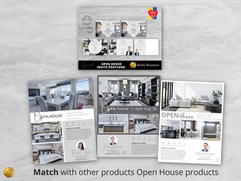 K&ouml;nnte beinhalten: Eine Sammlung von Postkarten f&uuml;r Tag der offenen T&uuml;r mit verschiedenen Innenraumdesign-Bildern. Die Postkarten zeigen den Text "Open House" und enthalten Details wie Adressen, Zeiten und Agenteninformationen. Das Design beinhaltet den Text "Granite" und "Realty Resources".