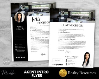May include: Black and white real estate agent introduction flyer with a photo of the agent and text that says "hello neighbor" and "dear neighbor". The flyer includes the agent's name, contact information, and a brief description of their services.