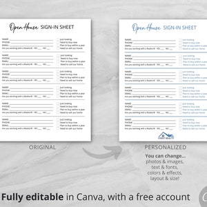 K&ouml;nnte beinhalten: Zwei Versionen eines Open House Sign-In Sheets werden gezeigt. Das Original ist schwarz-wei&szlig;, und die personalisierte Version ist blau. Die Bl&auml;tter enthalten Felder f&uuml;r Name, Telefon, E-Mail und Fragen zur Zusammenarbeit mit einem Makler.