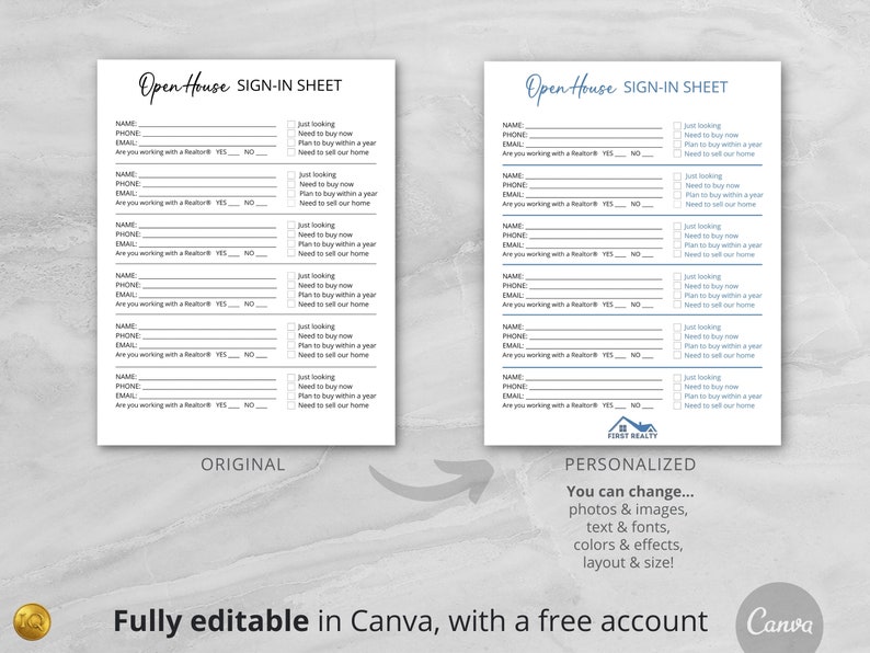 K&ouml;nnte beinhalten: Zwei Versionen eines Open House Sign-In Sheets werden gezeigt. Das Original ist schwarz-wei&szlig;, und die personalisierte Version ist blau. Die Bl&auml;tter enthalten Felder f&uuml;r Name, Telefon, E-Mail und Fragen zur Zusammenarbeit mit einem Makler.
