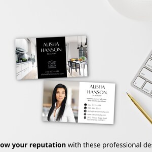 May include: Two black and white business cards with a photo of a woman on one card. The text on the cards reads "Alisha Hanson Realtor" with contact information including a phone number, email address, and website. The text "Your Logo" is also included on the card.