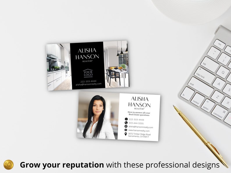 May include: Two black and white business cards with a photo of a woman on one card. The text on the cards reads "Alisha Hanson Realtor" with contact information including a phone number, email address, and website. The text "Your Logo" is also included on the card.