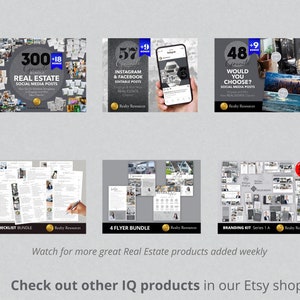May include: A collage of images showcasing various real estate marketing products. The products include social media posts, Instagram and Facebook posts, checklists, flyers, and branding kits. The images are arranged in a grid format and feature a variety of real estate themes, such as homes, properties, and landscapes. The text on the images includes phrases like "300 Granite Bundle Real Estate Social Media Posts", "57 Granite Instagram & Facebook Editable Posts", "48 Granite Would You Choose? Social Media Posts", "6 Checklist Bundle", "4 Flyer Bundle", and "Branding Kit Series 1A".