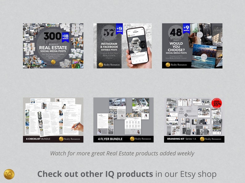 May include: A collage of images showcasing various real estate marketing products. The products include social media posts, Instagram and Facebook posts, checklists, flyers, and branding kits. The images are arranged in a grid format and feature a variety of real estate themes, such as homes, properties, and landscapes. The text on the images includes phrases like "300 Granite Bundle Real Estate Social Media Posts", "57 Granite Instagram & Facebook Editable Posts", "48 Granite Would You Choose? Social Media Posts", "6 Checklist Bundle", "4 Flyer Bundle", and "Branding Kit Series 1A".