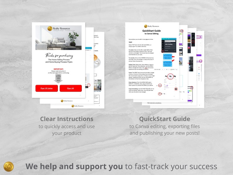 K&ouml;nnte beinhalten: Ein Stapel wei&szlig;er gedruckter Dokumente mit Text und Grafiken. Die Dokumente enthalten eine "QuickStart Guide" und "Clear Instructions" f&uuml;r ein Immobilienprodukt. Die Dokumente haben rote und blaue Akzente und das Realty Resources Logo.