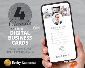 Puede incluir: Una plantilla de tarjeta de visita digital para agentes inmobiliarios. La tarjeta presenta una foto de una mujer, información de contacto e iconos de redes sociales. El texto en la tarjeta dice "Julia Anderson, Tu Agente Inmobiliario Local".