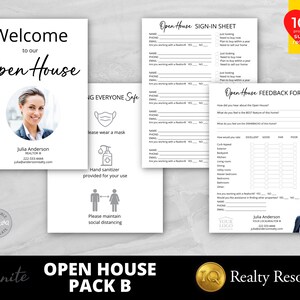 Könnte beinhalten: Ein weißes Open House-Paket mit einem Willkommensschild, einem Anmeldebogen und einem Feedback-Formular. Das Willkommensschild zeigt ein Foto einer Frau und den Text "Welcome to our Open House". Zusätzliche Schilder werben für Sicherheitsmaßnahmen. Das Paket enthält ein Logo und den Text "Realty Resources".