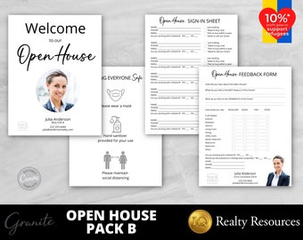 Pode incluir: Um pacote Open House branco com um letreiro de boas-vindas, uma folha de inscrição e um formulário de feedback. O letreiro de boas-vindas apresenta uma foto de uma mulher e o texto "Welcome to our Open House". Sinais adicionais promovem medidas de segurança. O pacote inclui um logotipo e o texto "Realty Resources".