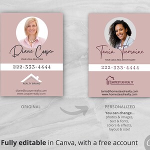 Peut inclure: Deux cartes de visite roses avec une photo d'une personne, son nom et ses coordonn&eacute;es. Le texte sur les cartes est "Diane Cooper, Your Local Realtors, 222-333-4444, Realty Brand, diane@cooperrealty.com, www.cooperrealty.com" et "Tania Tremaine, Your Local Real Estate Agent, 222-333-4444, Homestead Realty, tania@homesteadrealty.com, www.homesteadrealty.com". Le texte "ORIGINAL" et "PERSONALIZED" est sous les cartes. Le texte "You can change... photos & images, text & fonts, colours & effects, layout & size!" est sous la carte "PERSONALIZED". Le texte "Fully editable in Canva, with a free account Canva" est sous les cartes.