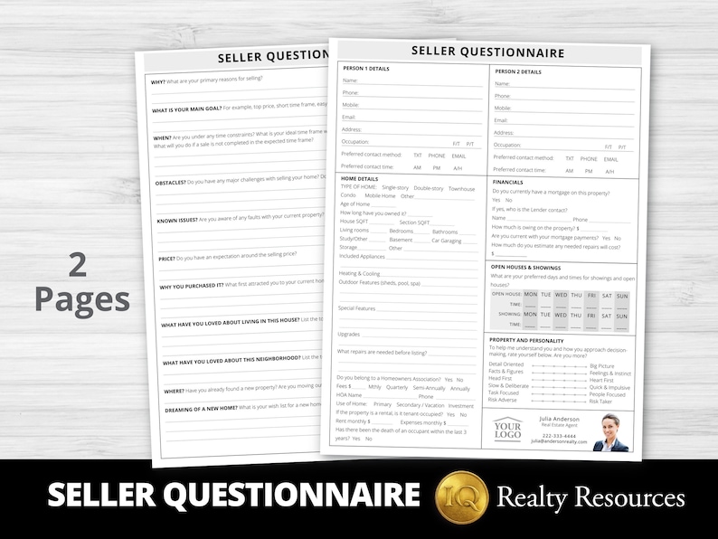 Selling Questionnaire Real Estate Seller Questionnaire Flyer Template, 2 Page Seller Survey ...