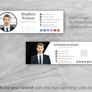 May include: Two black and white business cards featuring a man in a suit. The text on the card reads "Stephen Watson, Real Estate Agent". The card includes contact details, a website address, and social media icons.