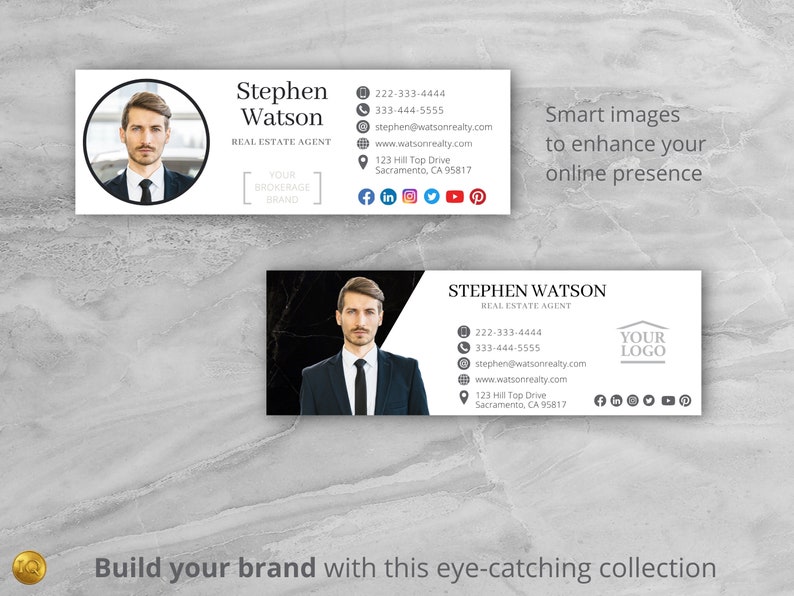 May include: Two black and white business cards featuring a man in a suit. The text on the card reads "Stephen Watson, Real Estate Agent". The card includes contact details, a website address, and social media icons.