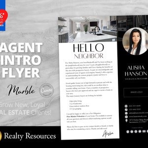 Modèle de Flyer immobilier, Flyer d'introduction de l'agent immobilier, lettre, Flyer de quartier, lettre de prospection, modèle Canva de Marketing immobilier