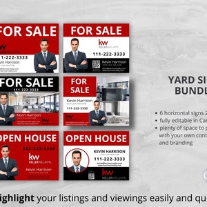May include: Six red and black real estate yard signs with a white background. The signs feature a photo of a man, the text "FOR SALE", "OPEN HOUSE", and the Keller Williams logo. The signs are 24 inches by 18 inches and are fully editable in Canva.