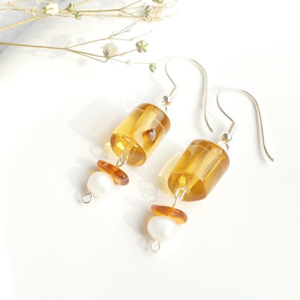 Amber and Freshwater Pearl 925 Silver Earrings