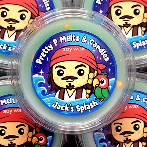 May include: Several round, clear plastic containers filled with pale green wax melts. Each container features a label with a cartoon pirate design, the text "Pretty P Melts & Candles", and "Jack's Splash".