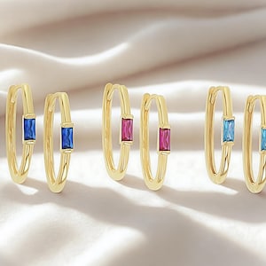 9ct Gold Paperclip Huggie Earrings | Created Ruby Sapphire Aquamarine Hoops | Yellow Gold Gemstone Huggies | Gold Hoop Earrings | Gift Boxed