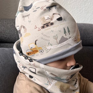 Beanie and Loop Set | Gift Idea for Baby and Child Unisex | Children&#39;s Reversible Hat and Scarf | Gift Set for Children and Babies | Excavator Construction Site