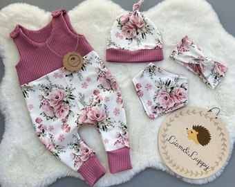 Frühchenset Strampler Babyset mit Blumen Rosa Waffel Strick Strampler Halstuch Mütze und Haarband Mädchen Geschenk Kinder Idee