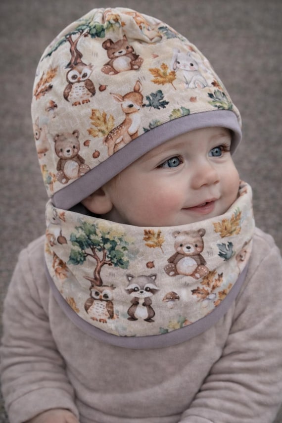 Waldfreunde Reh Wald Baby Kinder Mädchen Junge Mützenset Aus WinterSweat Mütze&Loop ein warmes Geschenkset für Kinder Gr. KU 37-56cm