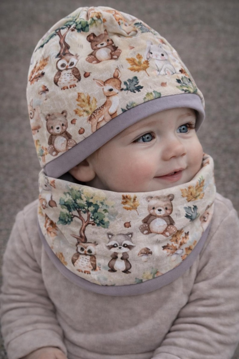 Forest Friends Deer Forest Baby Children's Hat Set (Winter Sweatshirt) - Hat & Loop - A Warm Gift Set for Children (Head Circumference 37-56 cm) image 1