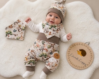 Woodland Animals Baby Set Handmade Harem Pants, Knotted Hat & Scarf | Newborn Outfit | Baby Gift Set Unisex Baby Clothes