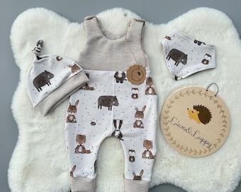 Strampler Baby Einteiler, Babykleidung, Strampler Set Kinder Geschenk Idee Strampler Mütze und Halstuch Eule, Wildschwein, Fuchs, Hase,