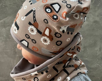 Set Aus Beanie und Loop | Geschenkidee Baby Kind Unisex | Kinder Wende Mütze und Schal |Geschenk Set Fur Kinder und Babies | Bagger,