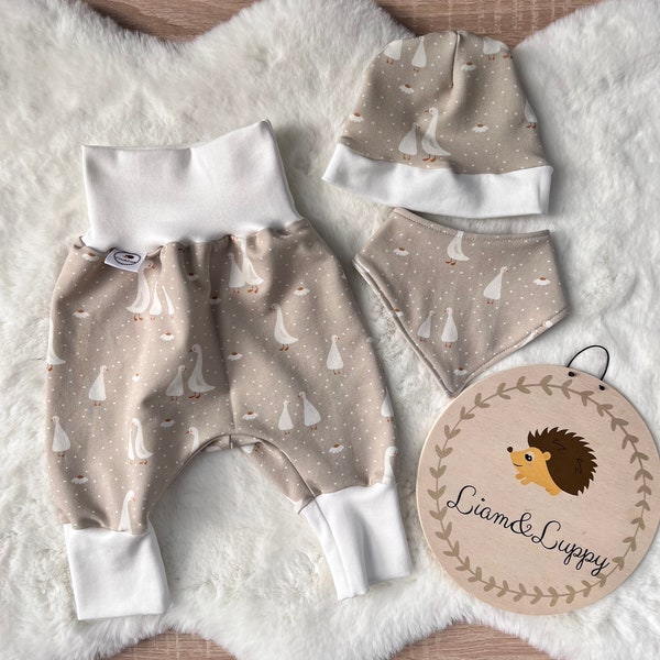 GÄNSE baby set pants, hat and triangular scarf, initial equipment girl newborn set new born set gift set beige ecru sweat fabric