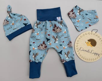 Conjunto bebé: pantalón, gorro y bandana, canastilla, conjunto recién nacido, pantalón harén niña/niño, escuela mágica, gorros mágicos, búhos