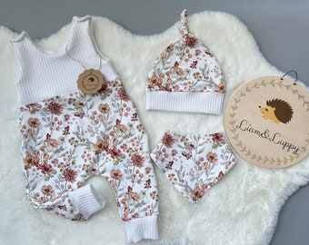 Romper baby uit één stuk, babykleding, romperset kindercadeau-idee romper muts en sjaal meisjes vintage bloemen retro bloemen